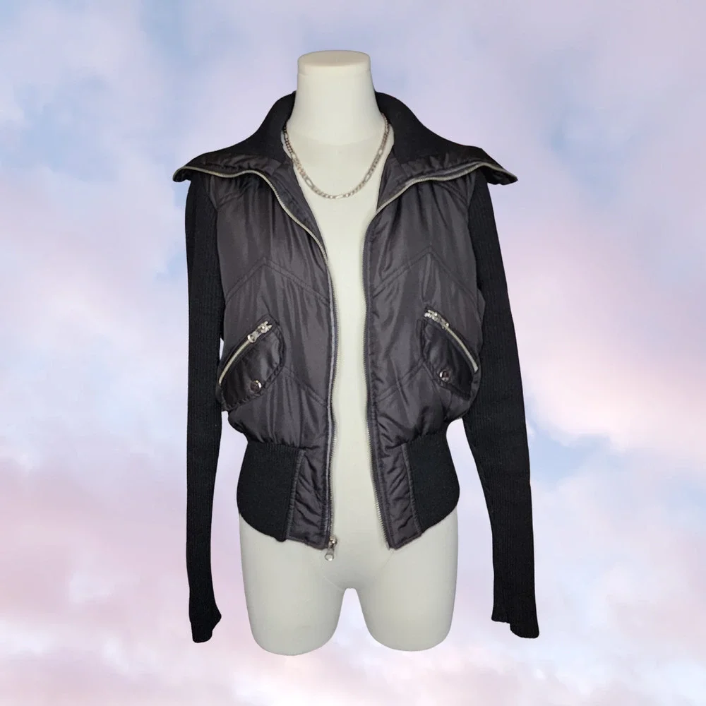 Y2k Vtg Ashley International Black Zip Grunge Puffer Ribbed Knit Sleeve Jacket L - Picture 2 of 5